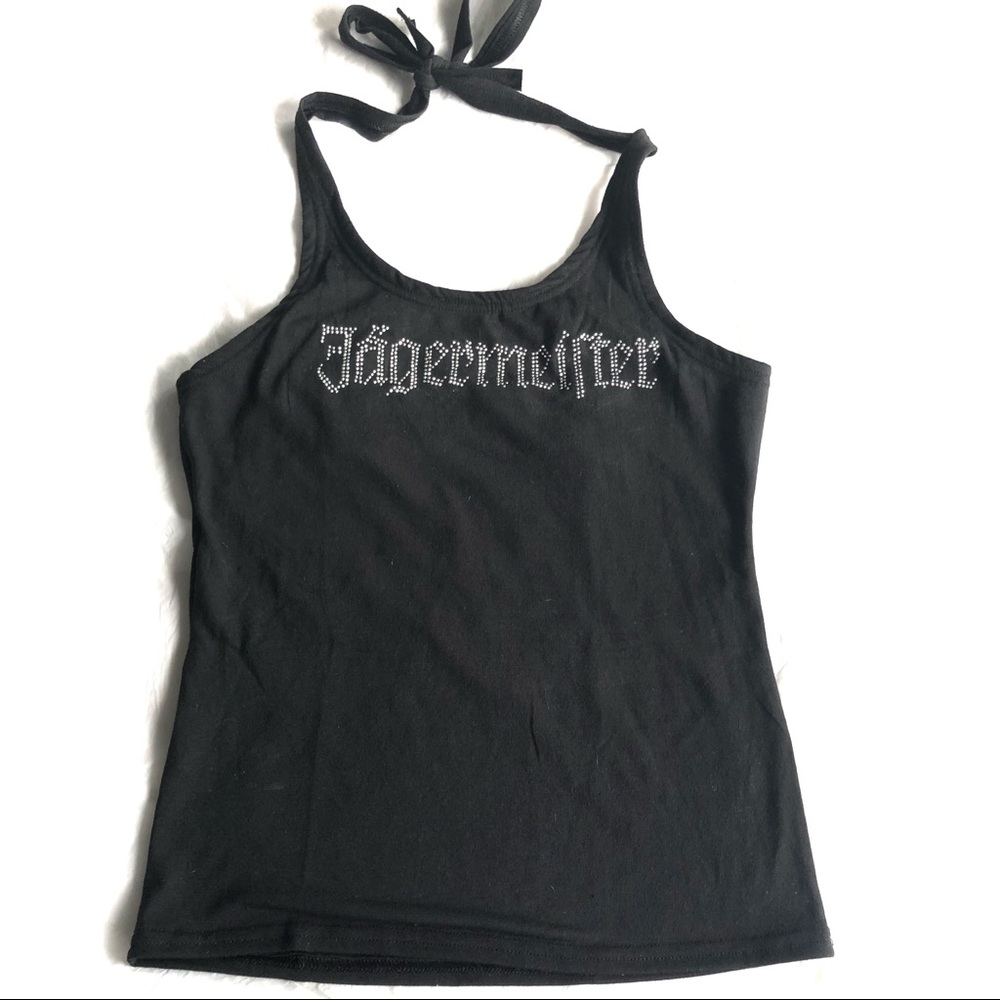 Jagermeister black rhinestone halter top